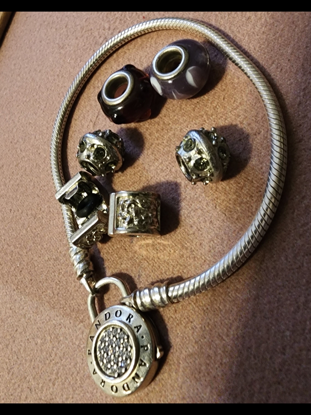 Pandora Sterling Silver Charm Bracelet with Purple Glass & Silver Charms